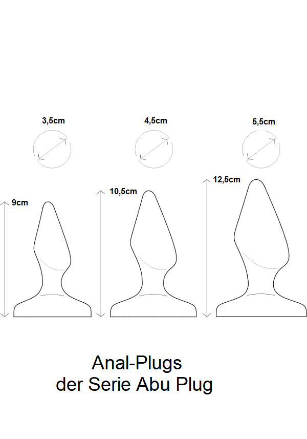 Skizze von den Anal-Plugs der Serie Abu Plugs mit Länge und Durchmesser Bezeichnung.